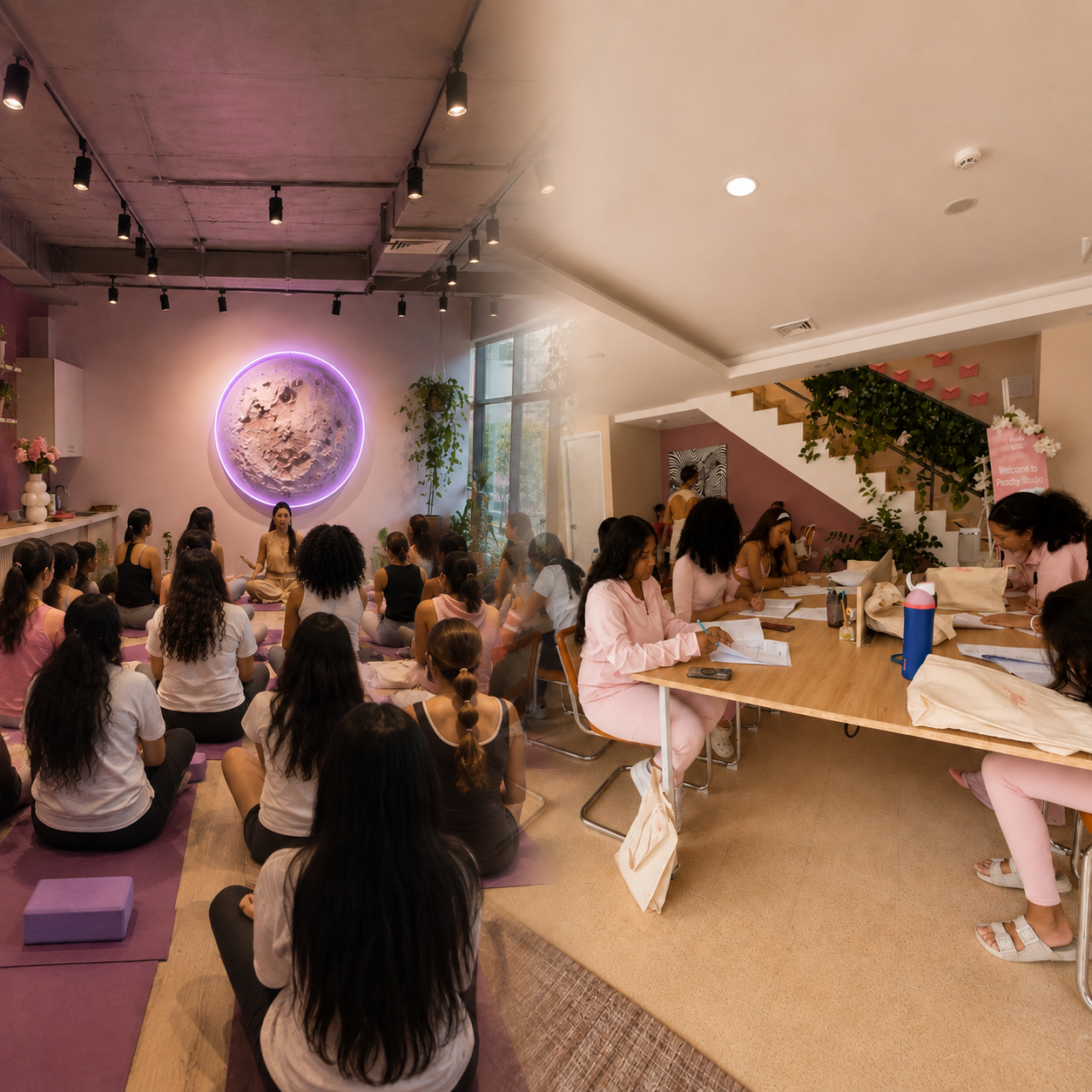 Peach-toned studio prepared for a workshop with candles and florals