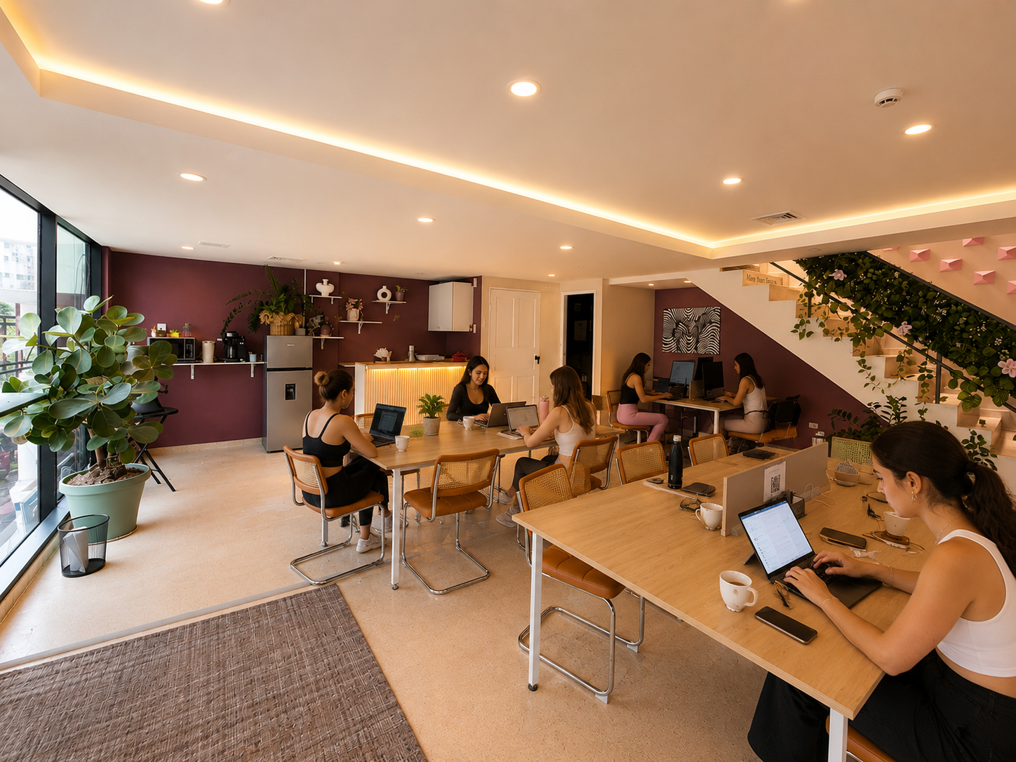 Woman working from a peach-toned coworking corner